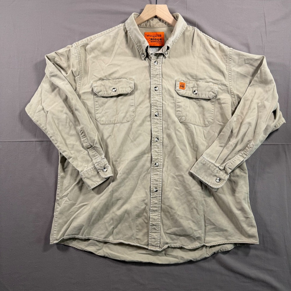 Wrangler Riggs Workwear FR Shirt Mens XL Khaki Tan Flame Resistant CAT2 FR3W5KH
